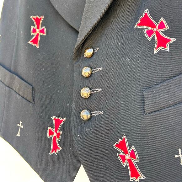 Vintage Q-Wear Wool Vest Red Cross 90s Black Embroidered Waistcoat 38 Size 8 - Picture 6 of 9